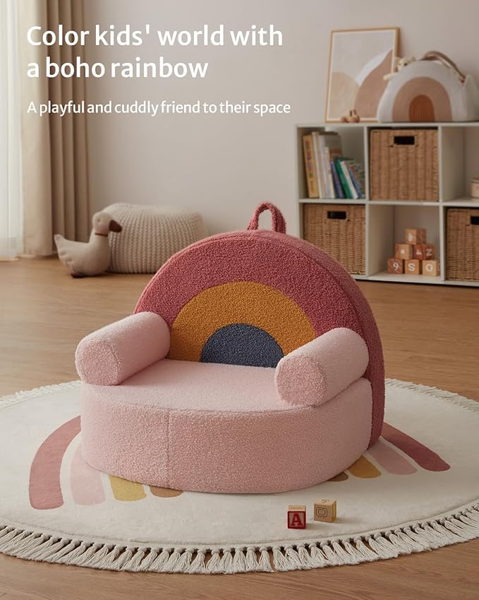 Blissful Diary Toddler Chair Comfy, Foam Kids Chair with Soft Teddy Plush, Toddler Reading Armchair with Cute Rainbow Designs- Blush Pink