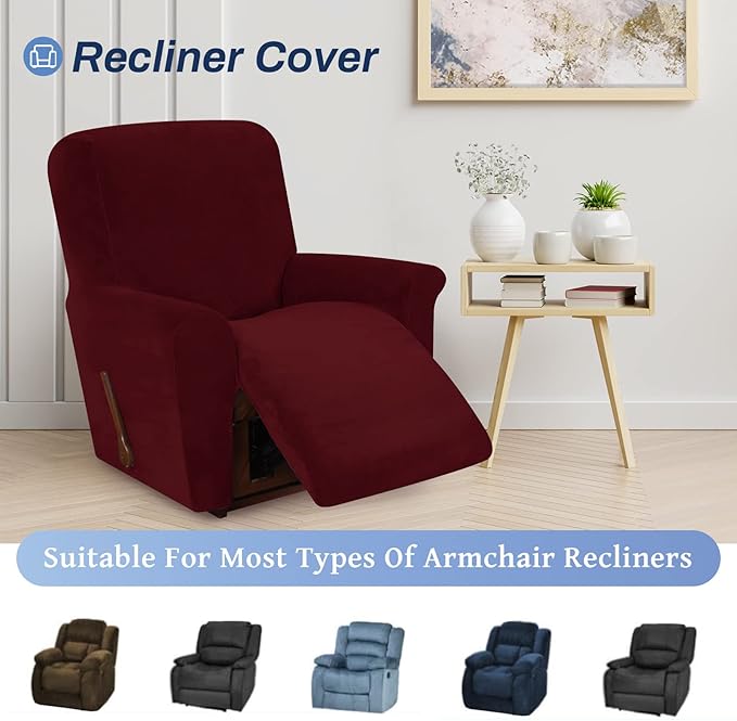 WEERRW Velvet High Stretch Recliner Chair Cover 1 Piece Recliner Couch Cover, Washable Furniture Protector with Non Slip Elastic Bottom for Kids and Pets, Burgundy