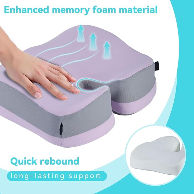 Seat Cushions for Office Chairs Wheelchair Cushion for Long Sitting Back Pain，Memory Foam Seat Car Computer Desk Chair Cushion，Coccyx Cushion for Tailbone Pain Relief Office Chair Butt Pillow Purple