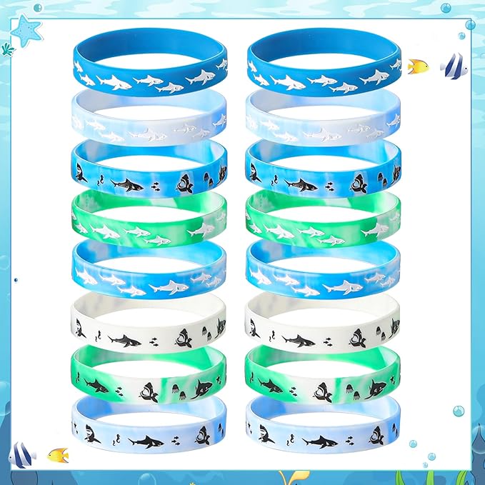 48 Pieces Shark Party Favors Shark Wristbands Shark Birthday Party Bracelets Shark Silicone Wristbands for Shark Themed Parties, Deep Ocean Parties, Under The Sea Clubs, Team Building Activities