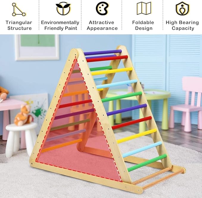 Costzon Foldable Climbing Toys for Toddlers, 3 in 1 Montessori Wooden Triangle Climber for Sliding & Climbing, Kids Indoor Climbers & Gym Play Structures for Boys Girls Gift Present