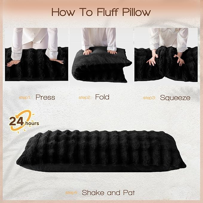 YZ HOME Faux Fur Fluffy Body Pillow for Adults - Firm Body Pillow Insert with Shredded Blue Memory Foam, Adjustable Height, Soft Support for Side Sleeping, Pregnant Women, Washable, 20x54 Inch (Black)