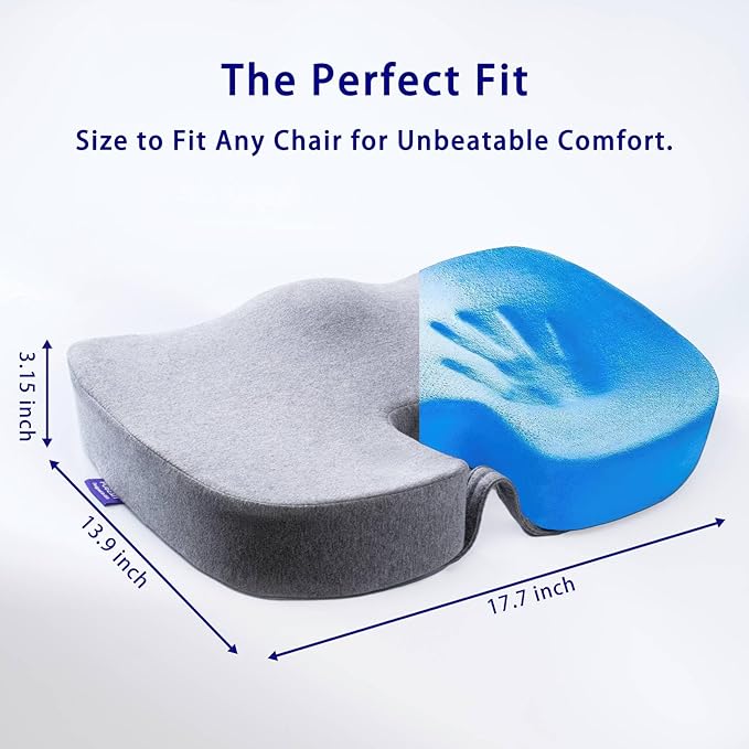 Gel Infused High Dense Memory Foam Seat Cushions for Office Chair, Car, Wheelchair-Coccyx Seat Cushion for Tailbone Pain Pressure Relief (Light Grey)