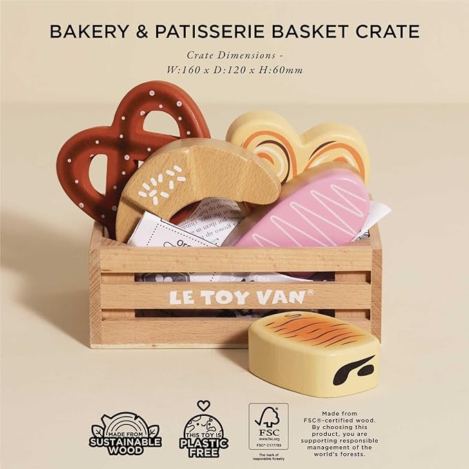 Le Toy Van - Educational Wooden Honeybee Market Baker's Basket Crate | Wood Play Food | Supermarket Pretend Play Shop Food