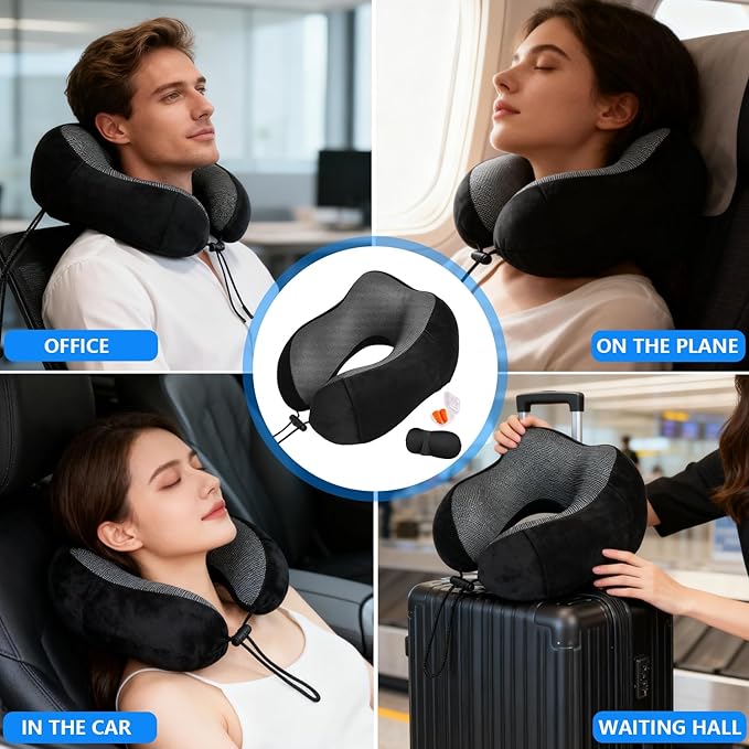 WeiTrust Travel Neck Pillow with Memory Foam - Ergonomic Support, Adjustable Buckle, Includes Eye Mask & Ear Plugs, Machine Washable Cover for Flights, Car & Office(Black)