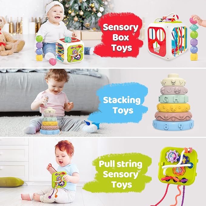 5 in 1 Montessori Baby Toys for 3+ Year Old - Sensory Bins Toys, Travel Pull String Toy & Shape Sorter & Stacking Building Blocks & Suction Cup Spinner Toys, Birthday for Baby