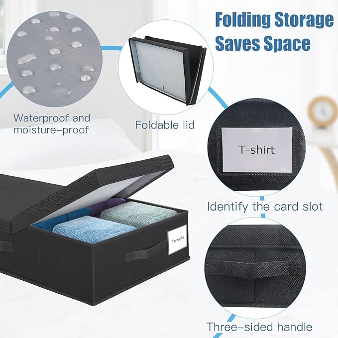 Underbed Storage Containers Bin with Lids (Set of 2) Large Under Bed Storage Organizer Box with Handle, Foldable Under the Storage Bags for Organizing Clothes, Shoes, Blankets, Pillows-Black