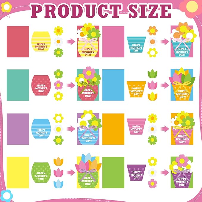 Geyee 16 Sets Mother's Day Greeting Card Kit for Kids Flower Pots Card Making Kit with Ribbon Happy Mothers Day DIY Art and Craft Projects Gifts for Kids Classroom Game Home Activities