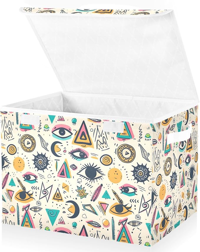senya Large Storage Bins with Linen Collapsible Foldable Storage Cubes Fabric Closet Organizer Containers box with Flip-Top Lid for Home Bedroom Office 16.7 x 12.6 x 11.8in (Triangle Eye)