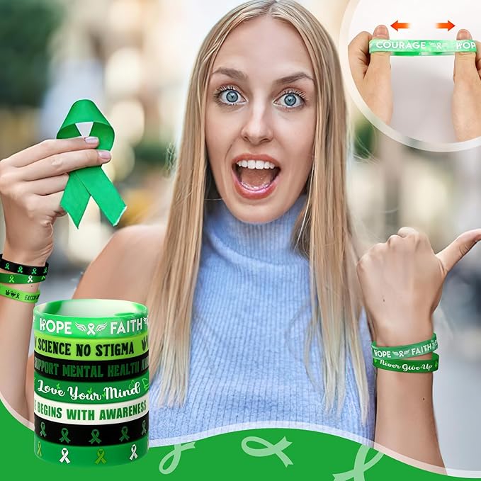 JUNEBRUSHS 42pcs Mental Health Awareness Silicone Wristband Bulk Green Ribbon Inspirational Rubber Bracelets for Mental Health Awareness Faith Courage Hope Party Favor Gift Supplies(7 Style)