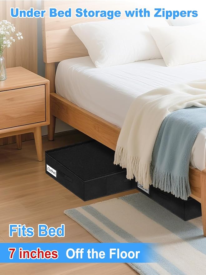 boailydi Under Bed Storage Bags with Zipper, 7 Inch Tall Underbed Storage Containers with Rigid Sides & Bottom,30x15x6.7 Inches, Large Clothes Organizer Box for Bedroom, Dorm, Couch, Black