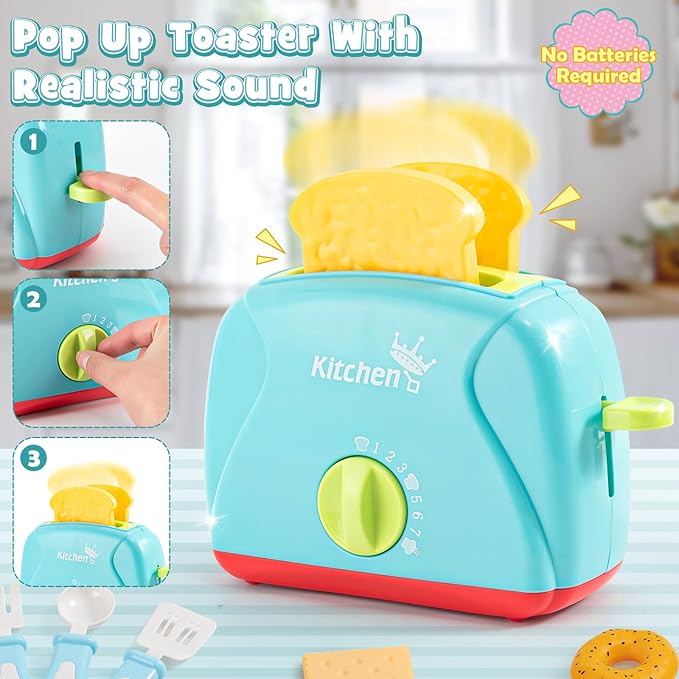 Golray 28pcs Play Kitchen Appliances Toy for Kids, Electric Mixer Toaster Blender with Light&Sound, Cutting Play Food, Pretend Kitchen Accessories, Toddler Birthday Gift Toy for Boy Girl 3 4-8 Year