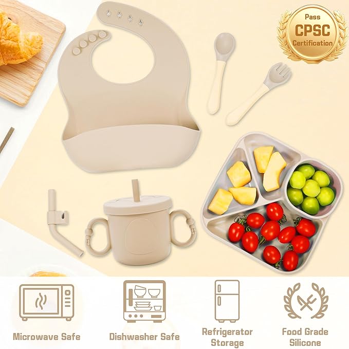 Silicone Baby Feeding Set, Baby Led Weaning Supplies, Silicone Suction Plate, Bowl, Spoons, Fork, Waterproof Bib, Cup and Food Tableware, Eating Utensils Baby Feeding Essentials for 3+ Months