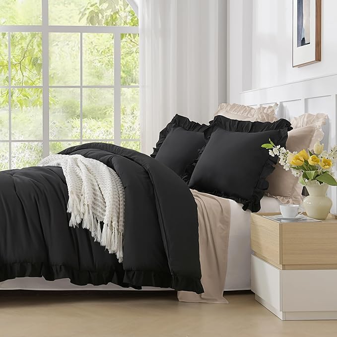 Andency Twin Size Comforter Set Black, 2 Pieces Kids Bedding Comforter Set for Twin Bed, Ruffle Farmhouse Shabby Chic Soft Microfiber Bed Set for Boys