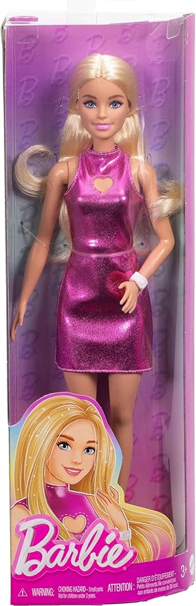 Barbie Fashionistas Doll #230 with Blond Hair, Wearing Metallic Pink Minidress with Heart Cut-Out, White Bracelet and Heels