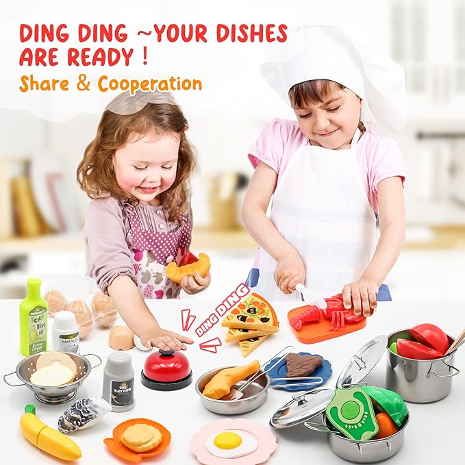 Kids Pretend Play Kitchen Accessories Set, 38Pcs Stainless Steel Play Pots Pans Sets for Kids, Toy Cookware Cooking Utensils Play Food Dish Toddler Kitchen Playset Gifts for Boys Girls