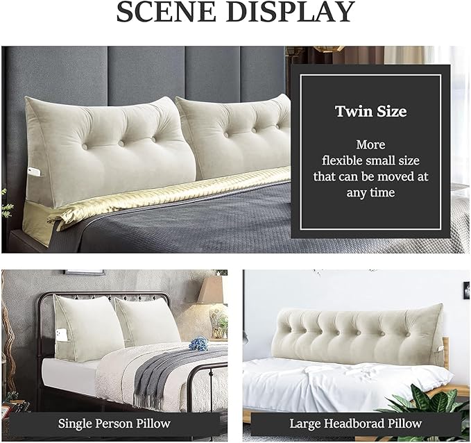 Headboard Wedge Pillow Large Bolster Reading Pillows for Sitting in Bed Adult,Velvet Triangular Cushion Backrest Lumbar Back Support Upholstered Daybed Sit Up Book Pillows(White,King)