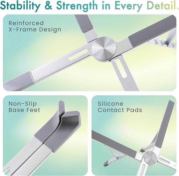 BELLEMOND Laptop Stand | Foldable & Adjustable Aluminum Riser | Ventilated X-Frame Japanese Design | Fits MacBook Pro/Air, Dell, HP, Lenovo & 10–17.3” Laptops | Portable & Lightweight | Space Silver