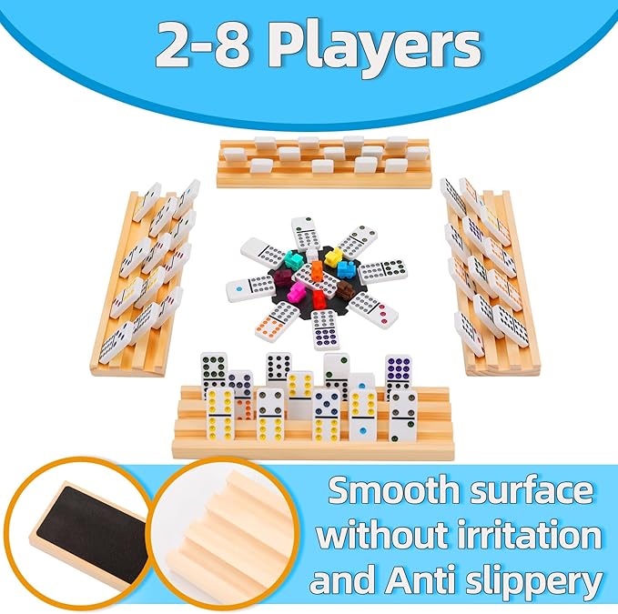 Mexican Train Dominoes Set with 8 Wooden Racks, Double 12 Colored Dot Dominoes with Update Hub, Travel Domino Train Game with 91 Tiles and Portable Carry Case, Family Board Team Games