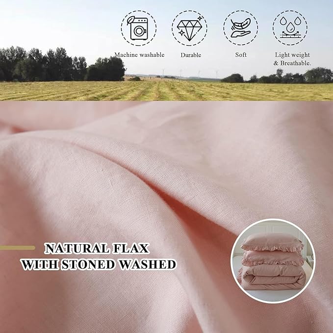 Simple&Opulence 100% Linen Duvet Cover Set, Natural French Flax Blush Pink Ruffle Duvet Cover Twin Size, Breathable Comfy Linen Bedding Comforter Cover with 1 Pillowcase (Blush Pink, 68" X 86")