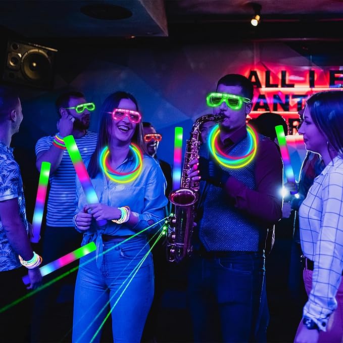 148 PCS Glow in the Dark Party Supplies- 24 Pcs 16" Foam Glow Sticks, 24 Pcs LED Glasses, 100 Pcs Glow Sticks Necklaces Bracelets Light Up Party Favors Football Party Supplies Wedding Birthday Concert