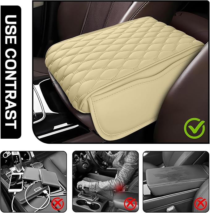 wuyaoyao Car Center Console Cover, 12.13"×8.66"×3.74" Leather Car Armrest Cover with with 2 Side Pockets, Memory Foam Soft Auto Armrest Cushion Pad, Universal Vehicle Arm Rest Protector (Beige)