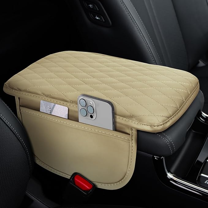 ongfuwu Car Center Console Cover, 12"×7.87" Waterproof Leather Auto Armrest Cover Protector with 2 Pocket, Comfortable Arm Rest Box Cushion Pad, Universal Interior Car Accessories (Beige)