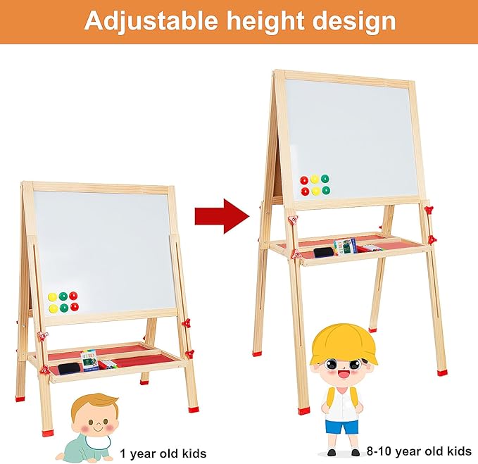 Adjustable Wooden Easel for Kids, Foldable Standing Art Easel for 3, 4, 5, 6, 7, 8 Years Old with Accessories, Drawing Painting Gifts for Boys & Girls Toddlers, Great Presents for Birthday