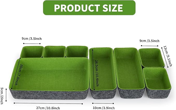 8pcs Drawer Organizers, Separators, Storage Box,Felt Storage Bins Inserts Tool Containers Toy Basket Shelf Cubes Foldable Drawer Dividers Desk Organisers - Green&Grey
