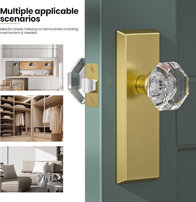 Glass Door Knobs for Interior Doors - Vintage Crystal Passage Closet & Hallway Door Knob - Diamond Cut Door Handle - Brushed Bold Finish (1 Pack)