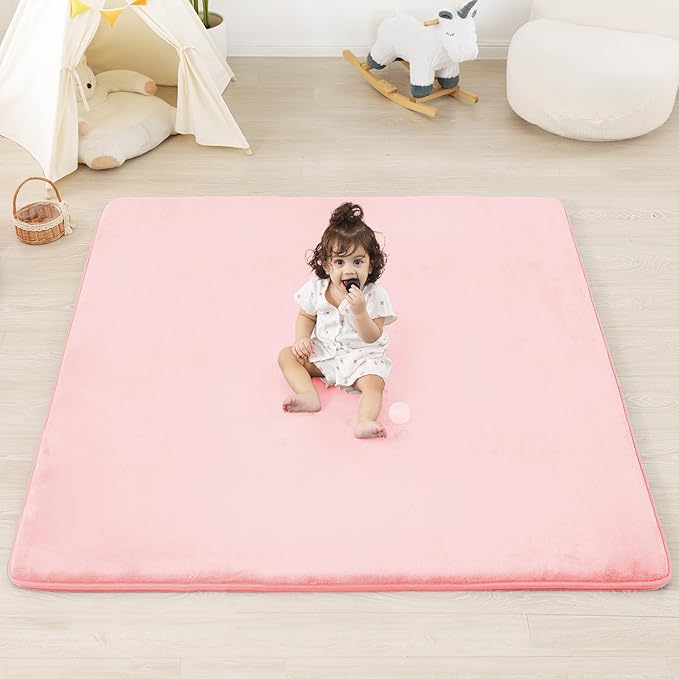 1.3" Thick Baby Floor Play Mat 50x50, Basic Padded Foam Mat for Tummy Time Crawling, Non Slip Cushioned for Babies Toddlers Infants Kids (Pink)