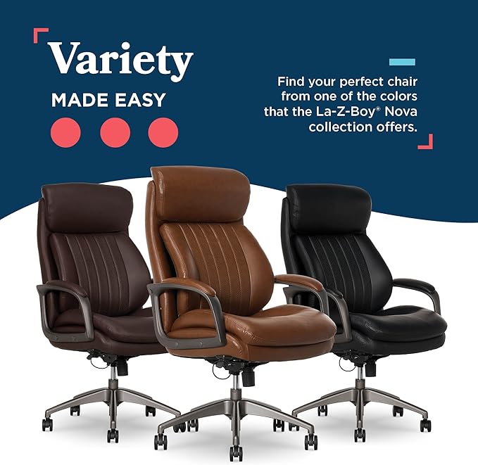 La-Z-Boy Nova Vegan Leather Modern Executive Ergonomic Design Office Chair, Memory Foam Thick Contoured Seat Back with Patented Lumbar Support Technology, Soft to Medium Sit Comfort, Cognac