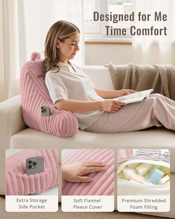 Blissful Diary Reading Pillow for Sitting in Bed, Flannel Back Pillow Bed Sitting Up for Adult & Children, Backrest Cushion for Sit Up in Couch or Floor, Dorm Essentials, Plush Pink