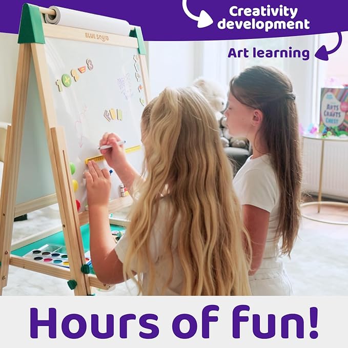 Blue Squid Art Easel for Kids - Dual-Sided Adjustable Wooden Painting Easels, Ideal Christmas Gift for Toddlers and Kid - with Magnetic Chalk Board, White Board & Paper Roll, Includes Accessories