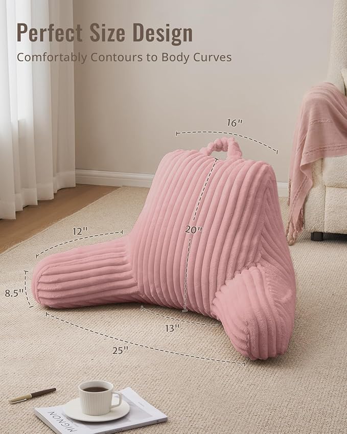 Blissful Diary Reading Pillow for Sitting in Bed, Large Flannel Back Pillow Bed Sitting Up for Adult & Children, Backrest Cushion for Sit Up in Couch or Floor, Dorm Essentials, Plush Pink