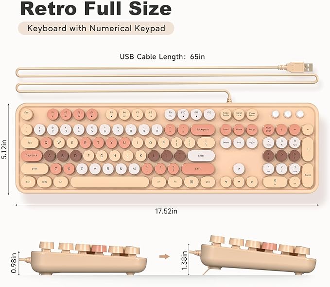 Computer Keyboard Wired, Plug Play USB Retro Round Typewriter Keyboard, Full Size Wired Keyboard with Foldable Stands for Laptop and Office PC- Milk Tea Colorful