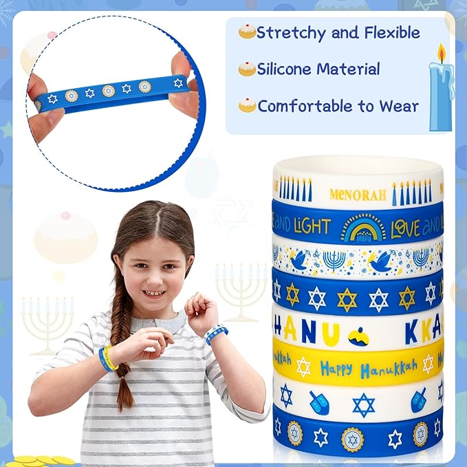 JUNEBRUSHS 24Pcs Hanukkah Silicone Rubber Wristbands Bracelets for Hanukkah Decorations Party Favors Jewish Holiday Kids Goodie Bag Fillers Supplies(8 Designs)