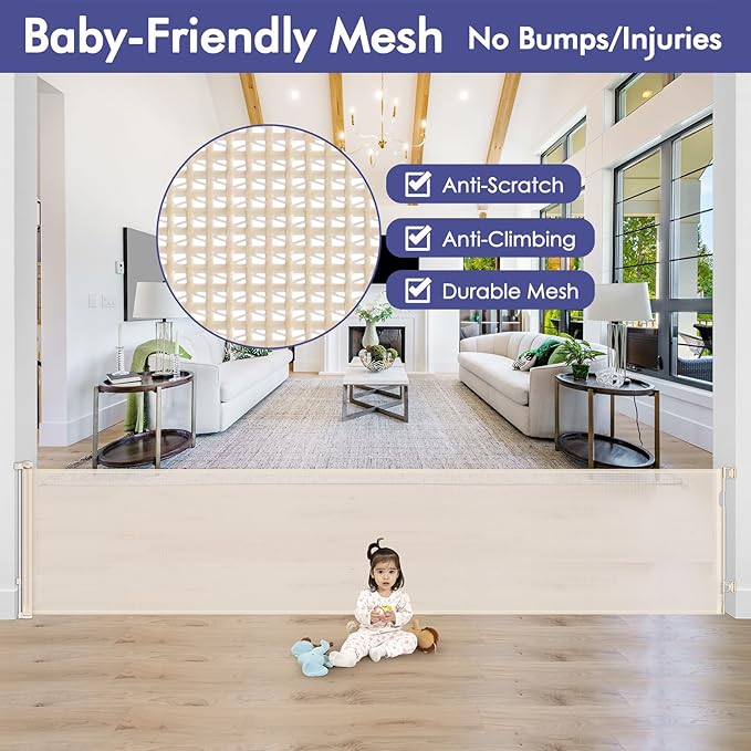 145 Inch Retractable Baby Gates Extra Wide Retractable Dog Gate for Large Openings – Indoor Extra Long Baby Gate Retractable Fence Outdoor Mesh Baby Gate Retractable Pet Gate Long Dog Gate, Beige
