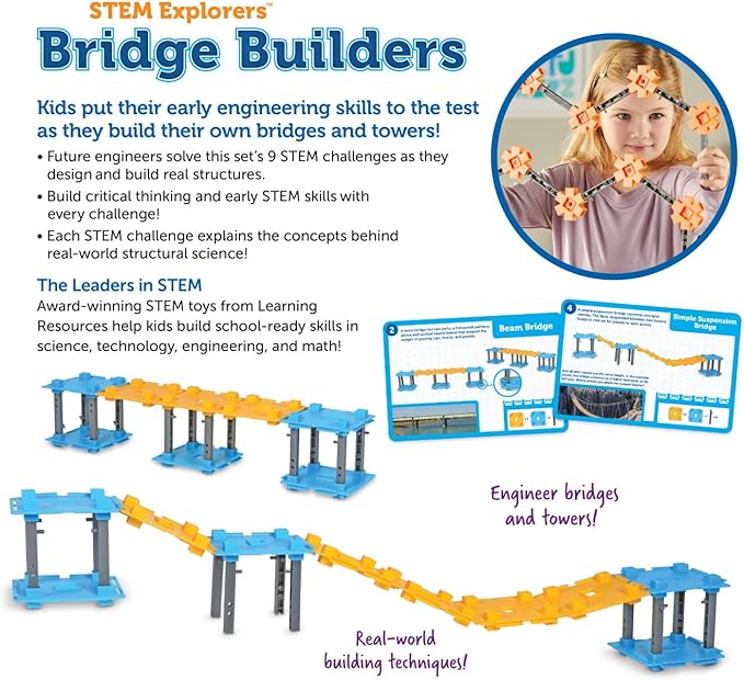 Learning Resources STEM Explorers Bridge Builders,72 Pieces,Ages 5+, STEM Toys, STEM Building Toys,STEM Kits,Kids stem Projects, Build it Yourself Toys