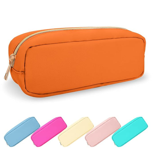 UIXIZQ Small Pencil Case Makeup Bag for Purse, Cute Pencil Pouch Preppy Nylon Makeup Brush Bag with Zipper, Girls Portable Stationery Storage Case Small Pen Bag for Office School College(Slim-Peach)