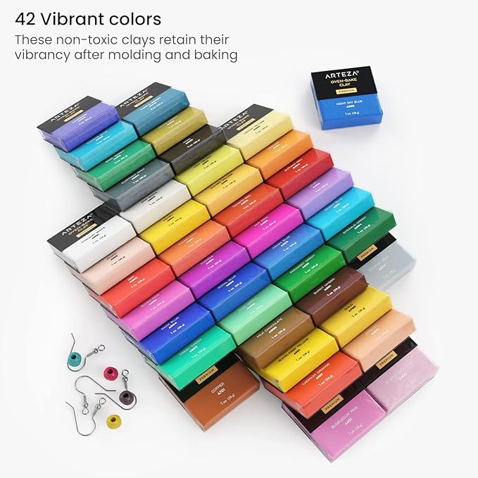 ARTEZA Polymer Clay Kit, Oven-Bake Modeling Clay for Adults & Teens, 42 Colors & 5 Sculpting Tools for Jewelry & Crafts