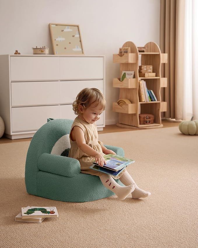 Blissful Diary Toddler Chair Comfy, Foam Kids Chair with Soft Teddy Plush, Toddler Reading Armchair with Cute Rainbow Designs- Sage Green