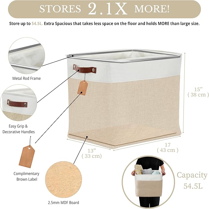 DECOMOMO Extra Large Storage Baskets, 54.5L Fabric Storage Bins for Organizing Linen Closet, Nursery (Khaki & White, XXXL - 3 pack)