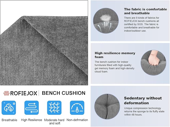 Bench Cushion 42 Inch - Chenille Fabric, High-Density Foam, Non-Slip Bottom, Soft Durable Indoor Tufted Long Seat Cushion for Window Garden Furniture (Gray, 42x16x4 Inch)