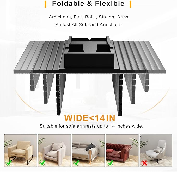 Bamboo Couch Armrest Table, Sofa Arm Tray with Detachable Couch Cup Holder- 2 in 1 Anti-Slip Foldable Sofa Armchair Caddy Table for Drinks Cellphone TV Remote Snacks (Black)