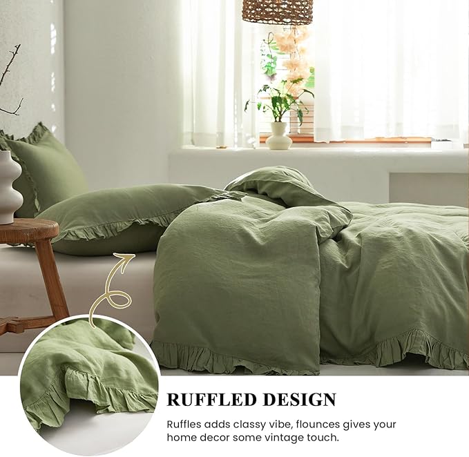 Simple&Opulence 100% Linen Duvet Cover Set, 3 PCS Natural French Flax Sage Green Ruffle Duvet Cover Full Size, Breathable Comfy Linen Bedding Comforter Cover with 2 Pillowcases (Sage Green, 78" X 86")
