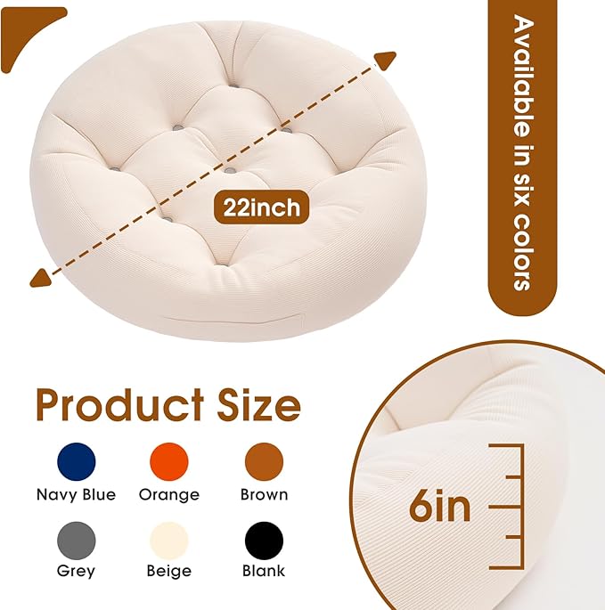 2Pcs Floor Pillows for Adults, 22x22 Inch Meditation Cushions, Large Round Sitting Cushion Living Room Memory Foam Pillow for Sitting (2, Beige, 22x22x6 Inch)