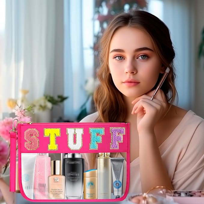 BuyCard 2 Pcs Stuff Bag Cosmetic Makeup Bag with Chenille Letter Patch, Clear Pouch PVC Organizer Purse, Waterproof Travel Bag, Portable Toiletry Storage Bag for Her Girls Friends Women