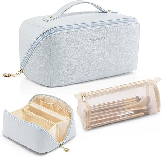 Vlando Makeup Bag,Large Capacity Toiletry Bag for Women Waterproof Portable Make up Pouch PU Leather Open Flat Cosmetic Bag(Baby Blue)