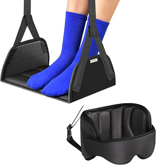 SARISUN 3 in 1 Airplane Travel Essentials Kit, Travel Pillow with Head Support, 3D Eye Mask for Sleeping, No Collapse Foot Hammock for Airplane, Portable Long Flights/Car Road Trip Essentials Sets
